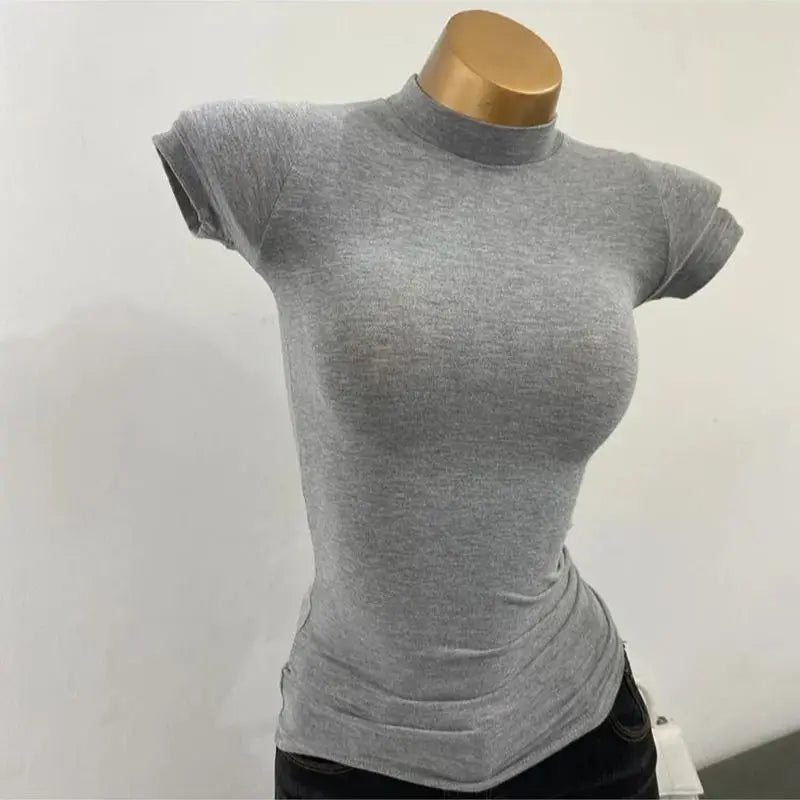 T-shirt coréen à col mi-haut, Transparent, manches courtes, coupe cintrée, élastique, solide, chemise à bascule intérieure, Sexy, grande poitrine