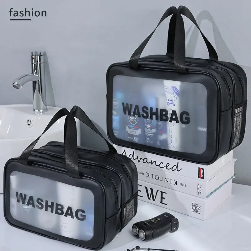 Sac de maquillage en PU transparent double séparation sec-humide, sac de lavage portable, sac de rangement pour cosmétiques, voyage, fitness, natation, essentiels