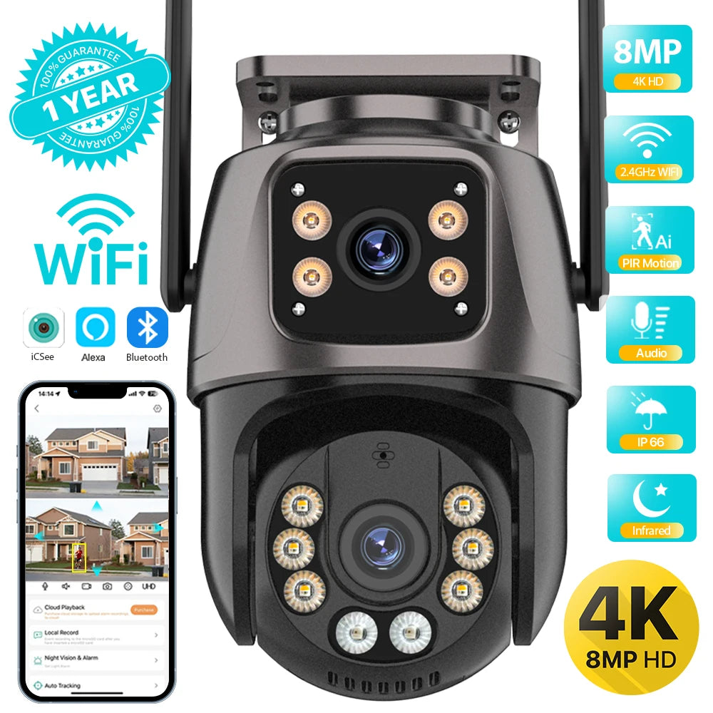 4K 8MP HD Wifi PTZ caméra extérieure 4MP double objectif double écran AI suivi automatique caméra IP CCTV Audio Surveillance vidéo P2P iCSee
