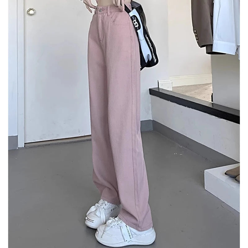 Jean Vintage à jambes larges pour filles, pantalon taille haute, mode féminine, noir, gris, rétro, bleu clair, rose, Denim