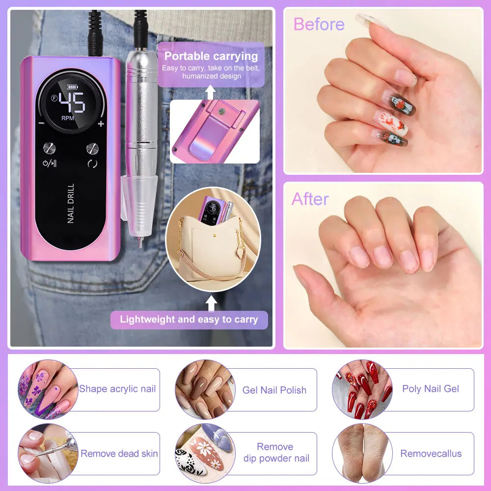 Ponceuse à ongles rechargeable 45 000 tr/min avec écran LCD, faible niveau sonore, ponceuse à ongles professionnelle et kit d'accessoires pour ongles