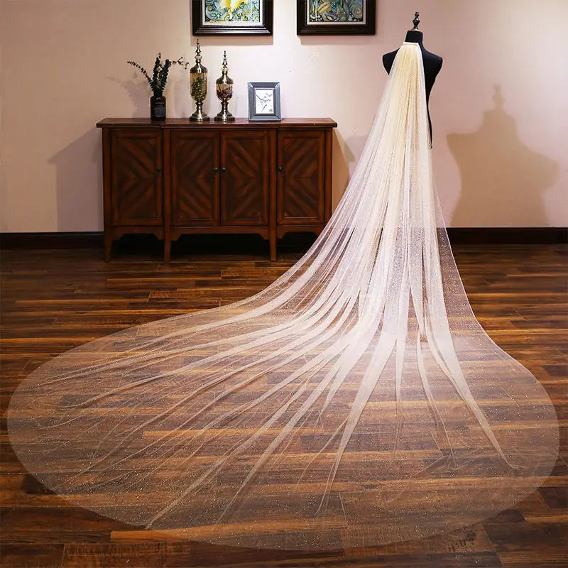 Voile de mariée scintillant blanc cassé, long de 3 m, une seule couche, style cathédrale de luxe