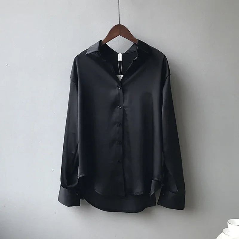 Chemise en Satin pour femmes, élégante, ample, col rabattu, chemisier pour dames, Vintage, décontracté, boutons, hauts en soie, printemps, automne