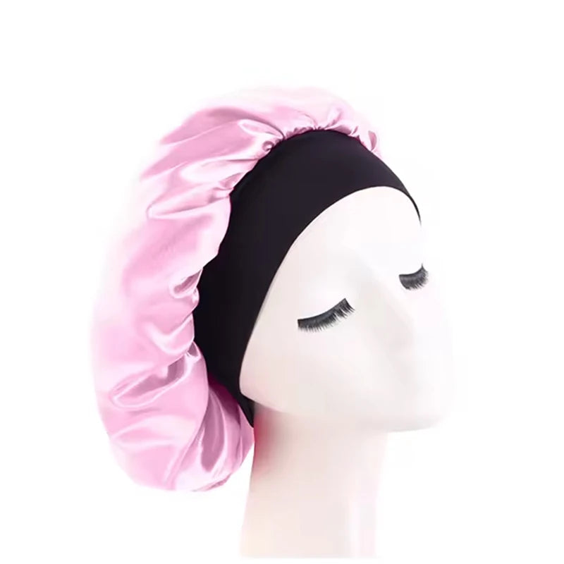 Bonnets solides en Satin pour femmes, Bonnet de bain à larges bords pour dormir la nuit, unisexe, bandeau élastique, Bonnet de soins capillaires