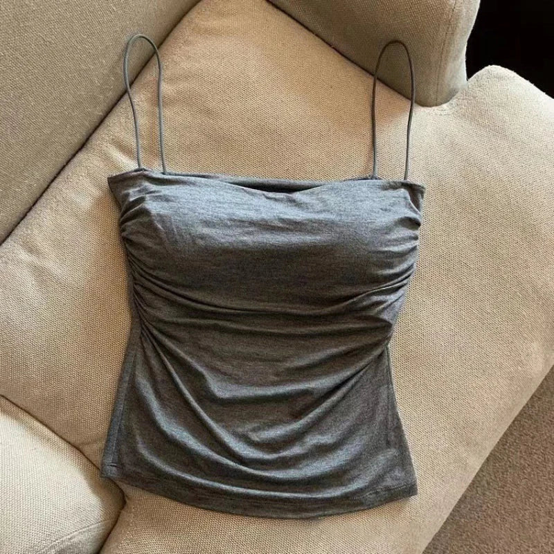 Débardeur sans manches plissé et ajusté pour femme, coupe courte, sexy et tendance, avec fines bretelles, couleur unie, style simple