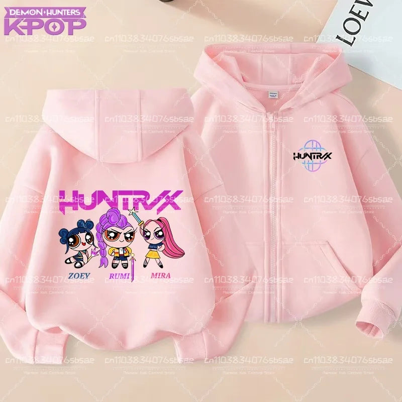 Pull à capuche K-pop Demon Hunters pour enfants, style anime, veste zippée tendance, garçon/fille, printemps/automne