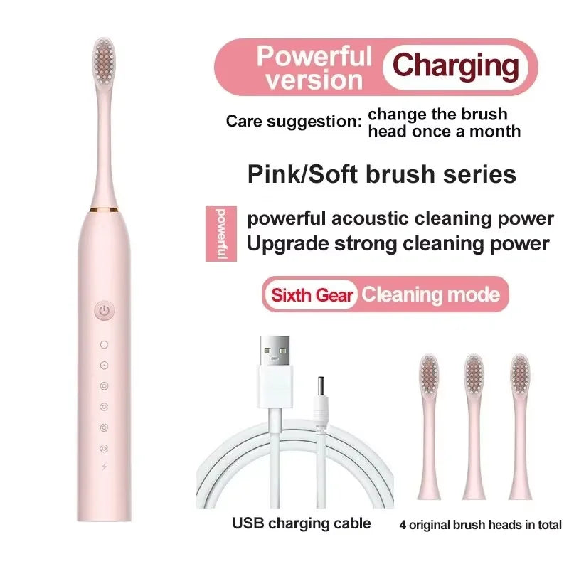 Brosse à dents électrique automatique à six vitesses, brosse à dents intelligente universelle à poils souples pour adultes et enfants, pour tous les âges
