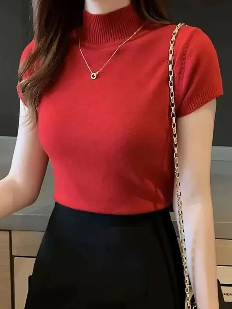T-Shirt à col mi-haut pour femmes, pull à la mode, hauts décontractés, Style coréen, vêtements élégants de couleur unie, saison printemps et été