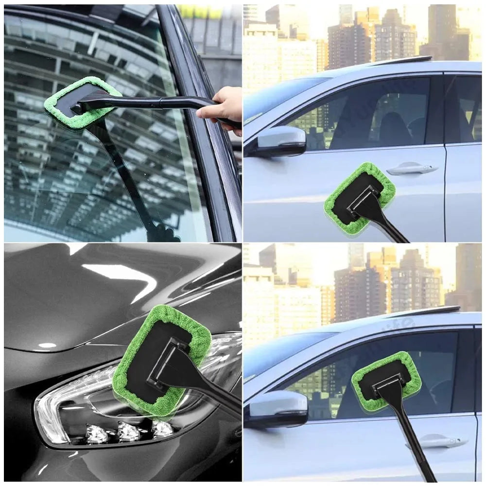 Kit de brosse de nettoyage de vitres de voiture, outil de nettoyage de pare-brise en microfibre, essuie-glace intérieur de voiture, essuie-glace à long manche, tampon en tissu réutilisable