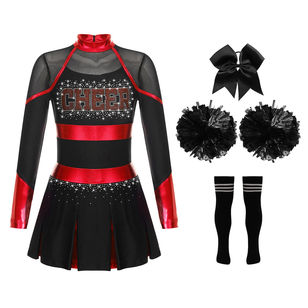 Uniformes de pom-pom girl pour enfants filles, 4 pièces, tenue de danse à l'école, paillettes brillantes, robe à épaules dénudées, déguisement de pom-pom girl de carnaval