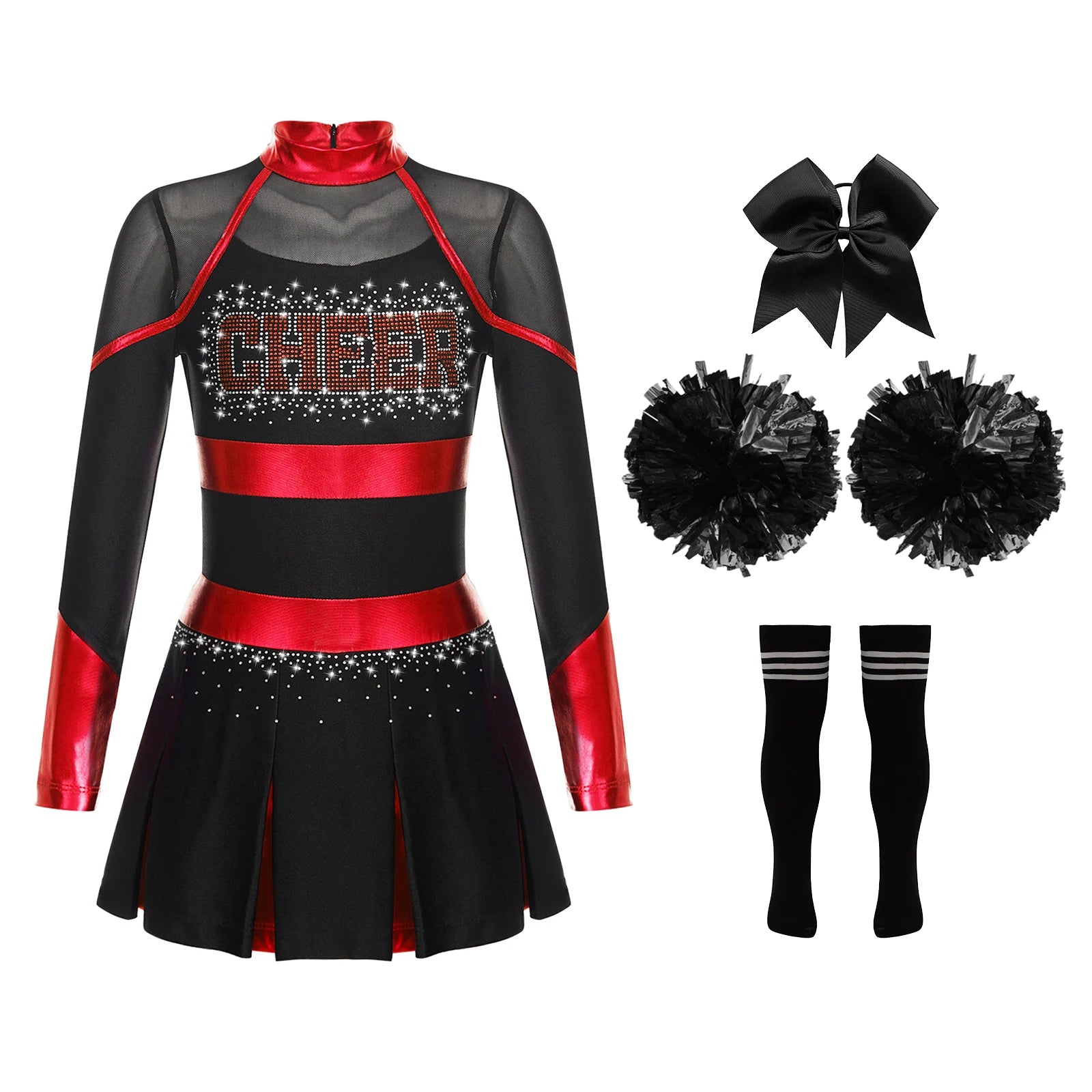 Uniformes de pom-pom girl pour enfants filles, 4 pièces, tenue de danse à l'école, paillettes brillantes, robe à épaules dénudées, déguisement de pom-pom girl de carnaval