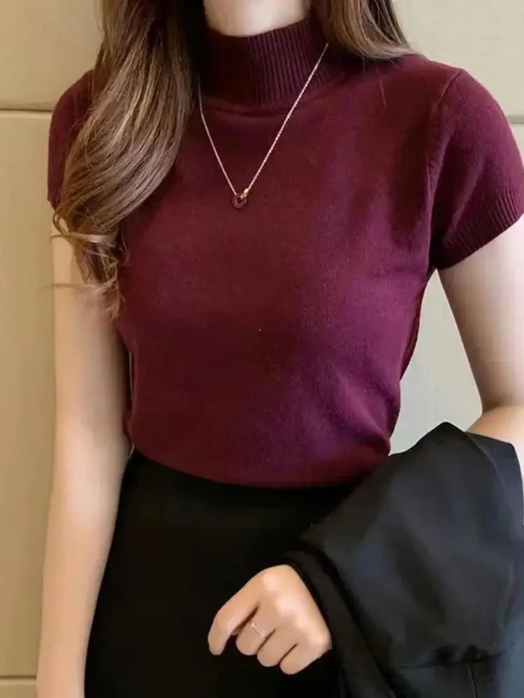 T-Shirt à col mi-haut pour femmes, pull à la mode, hauts décontractés, Style coréen, vêtements élégants de couleur unie, saison printemps et été