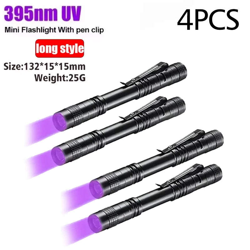 Lampe de poche UV 395nm, torche ultraviolette avec pince à stylo, piles AAA portables utilisées, lumière violette, détecteur d'urine d'animaux domestiques, lampe UV
