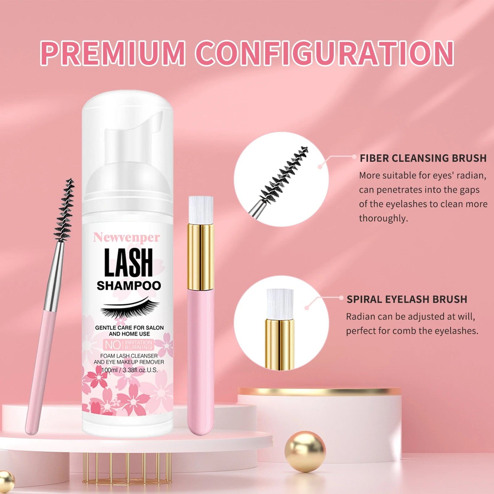 Shampoing moussant pour cils 100 ml + brosse et applicateur de mascara pour les paupières, nettoyant et démaquillant pour extensions de cils et extensions de cils