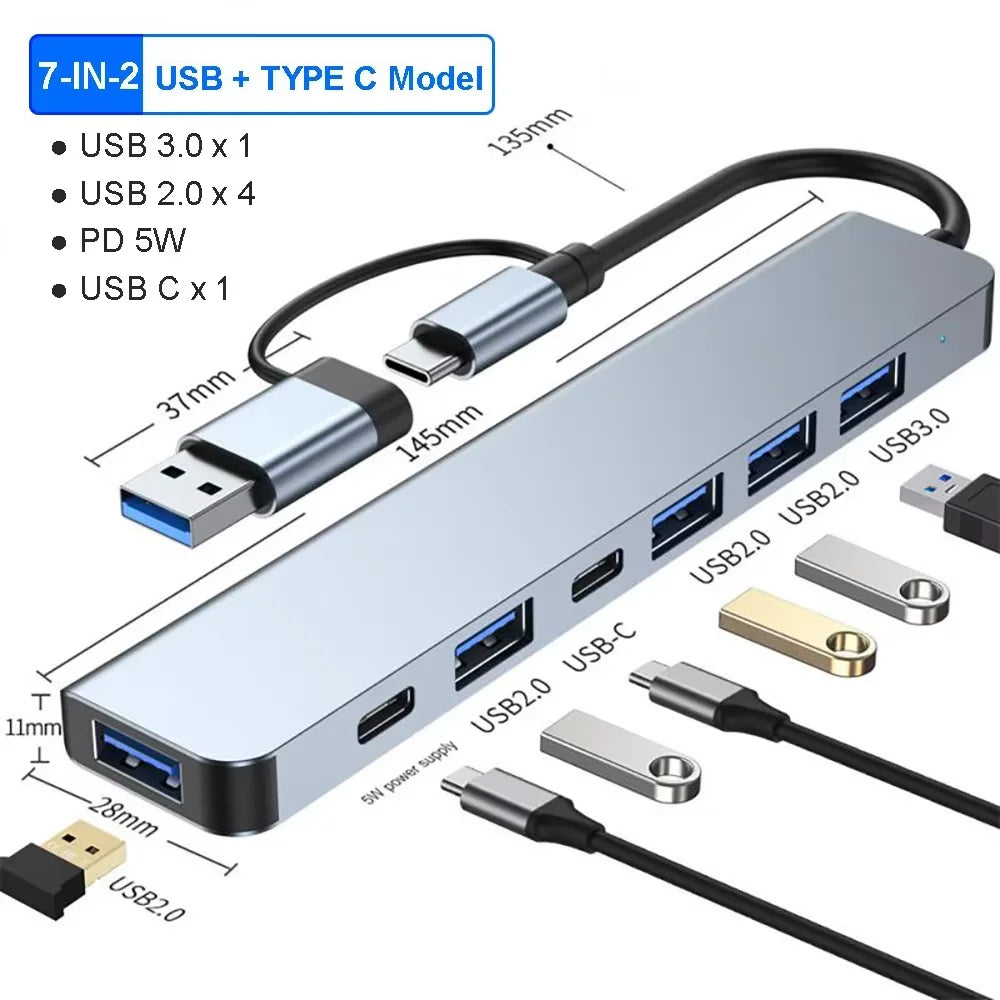 Station d'accueil hub USB + Type C 8 en 2 avec adaptateur audio jack 3,5 mm, lecteur de carte micro SD, convertisseur de disque pour ordinateur portable, tablette et téléphone.