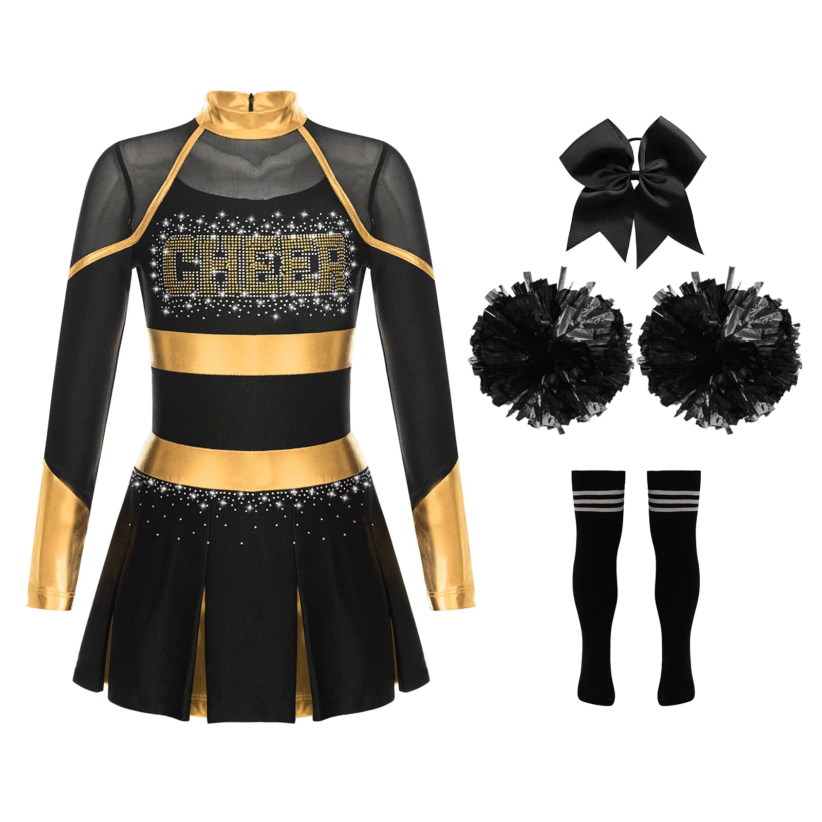 Uniformes de pom-pom girl pour enfants filles, 4 pièces, tenue de danse à l'école, paillettes brillantes, robe à épaules dénudées, déguisement de pom-pom girl de carnaval