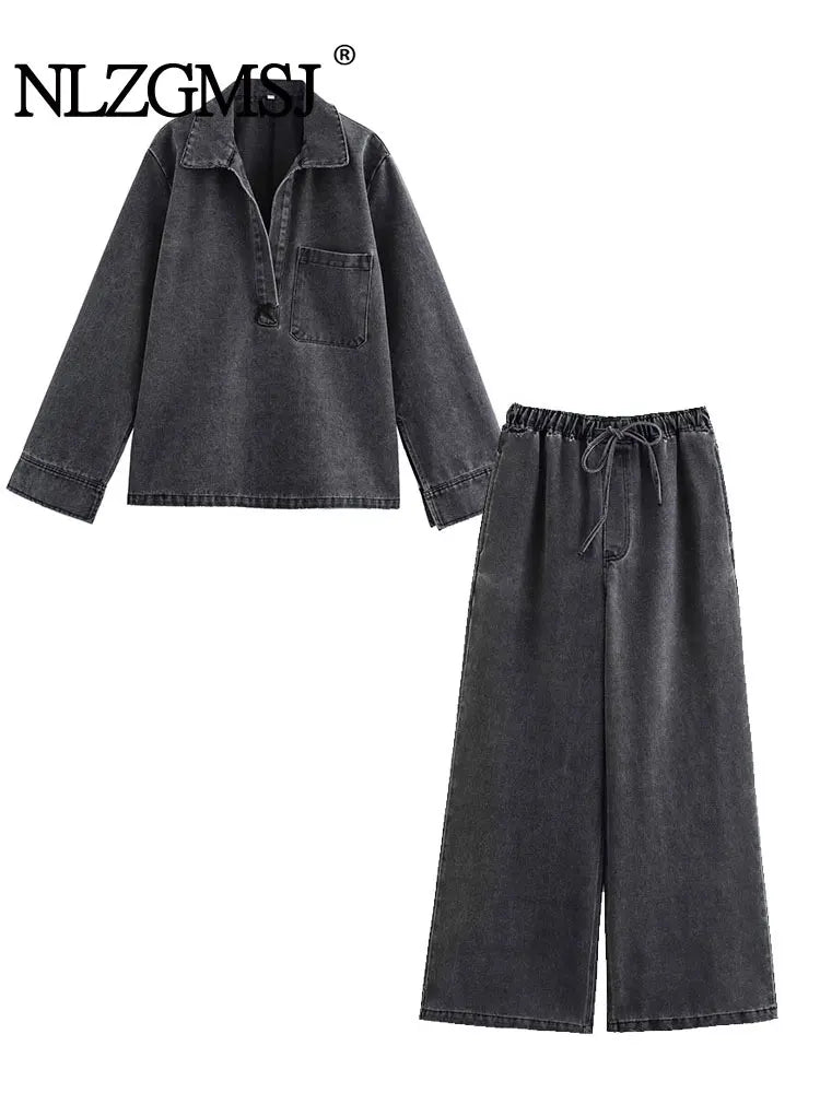 Ensemble jean à col rabattu pour femme, haut décontracté, à la mode, taille haute, Streetwear, pantalon en Denim, ensemble deux pièces, automne 2024
