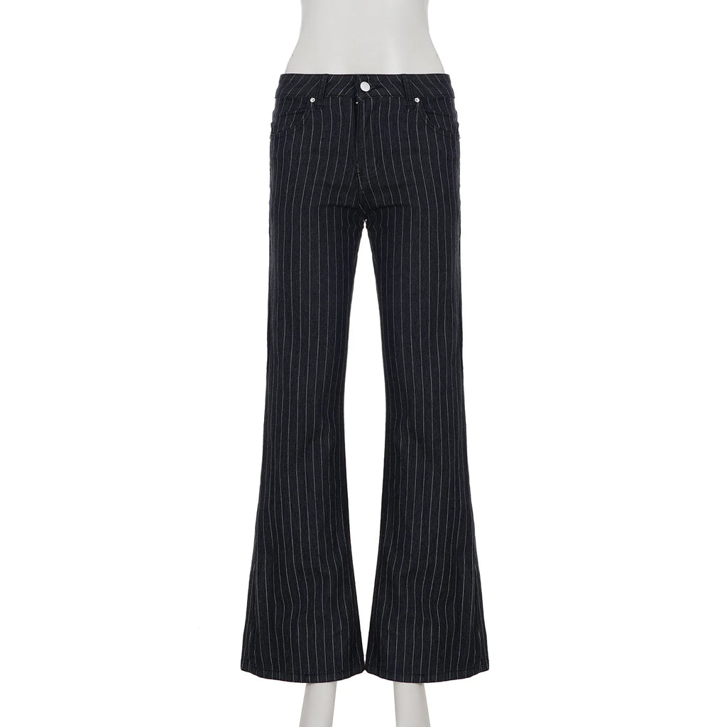 Jean taille basse pour femme, vêtement des années 2000, coupe botte, décontracté, rayé noir, pantalon en Denim, Streetwear, pantalon évasé, P77-DD25