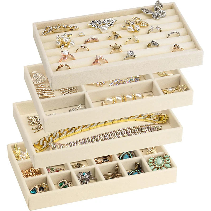 Présentoir à bijoux en velours, porte-bijoux exquis, Portable, bague, boucles d'oreilles, collier, organisateur, boîte de rangement, plateaux organisateurs Beige