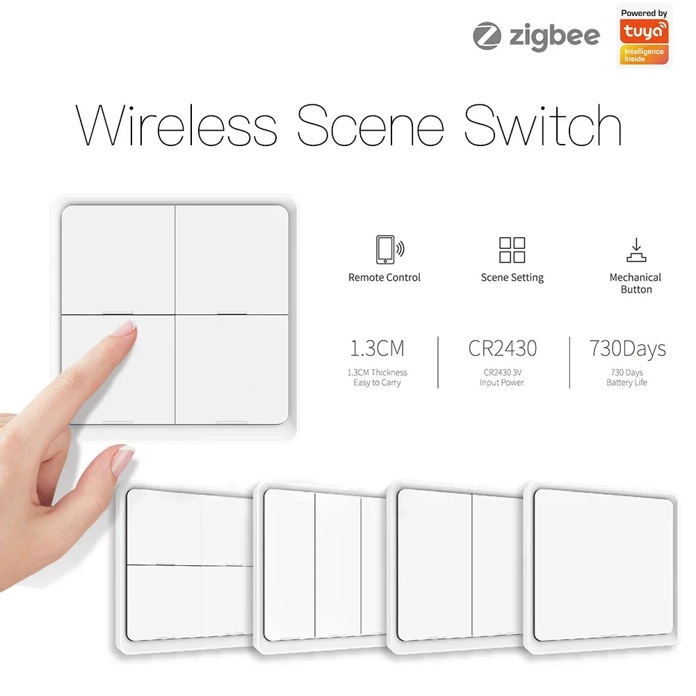MOES 4 Gang Tuya ZigBee Wireless Scene Switch - 12 Customizable Automation Scenarios, Battery-Powered Push Button Controller for