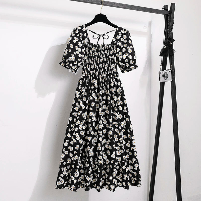 Robes en mousseline de soie pour femmes, mode femme, taille élastique, manches courtes, plissée, tenue décontractée, robes trapèze, printemps été