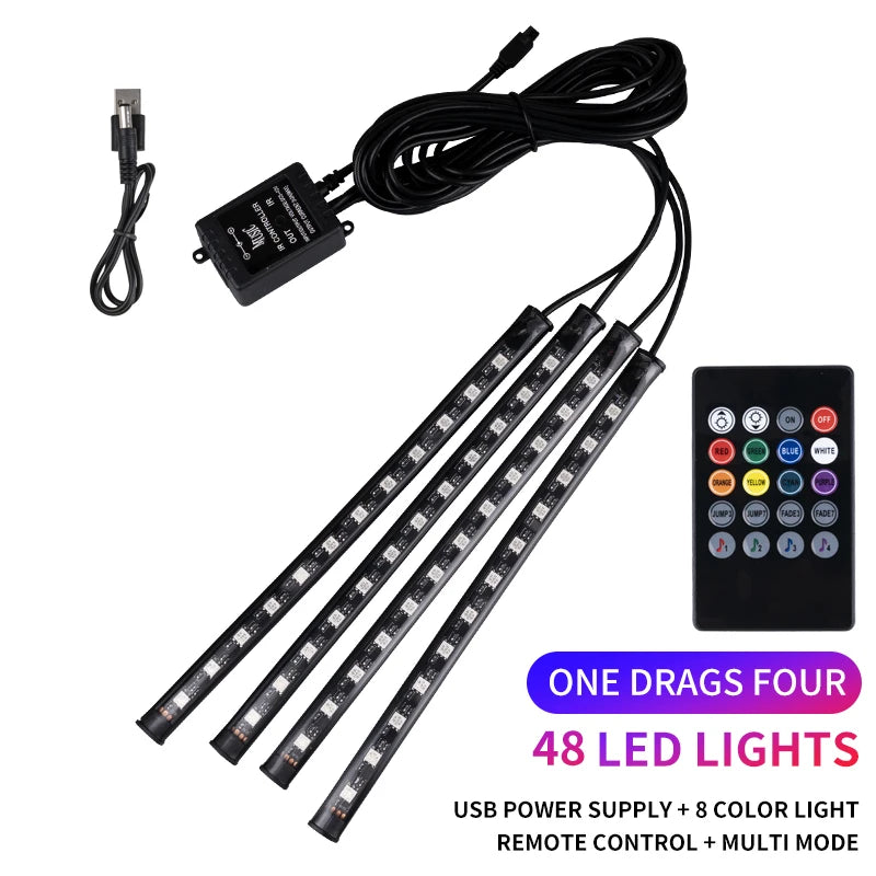 Bande LED néon 48 LED RGB pour éclairage d'ambiance au sol de voiture, avec port USB/prise allume-cigare et télécommande