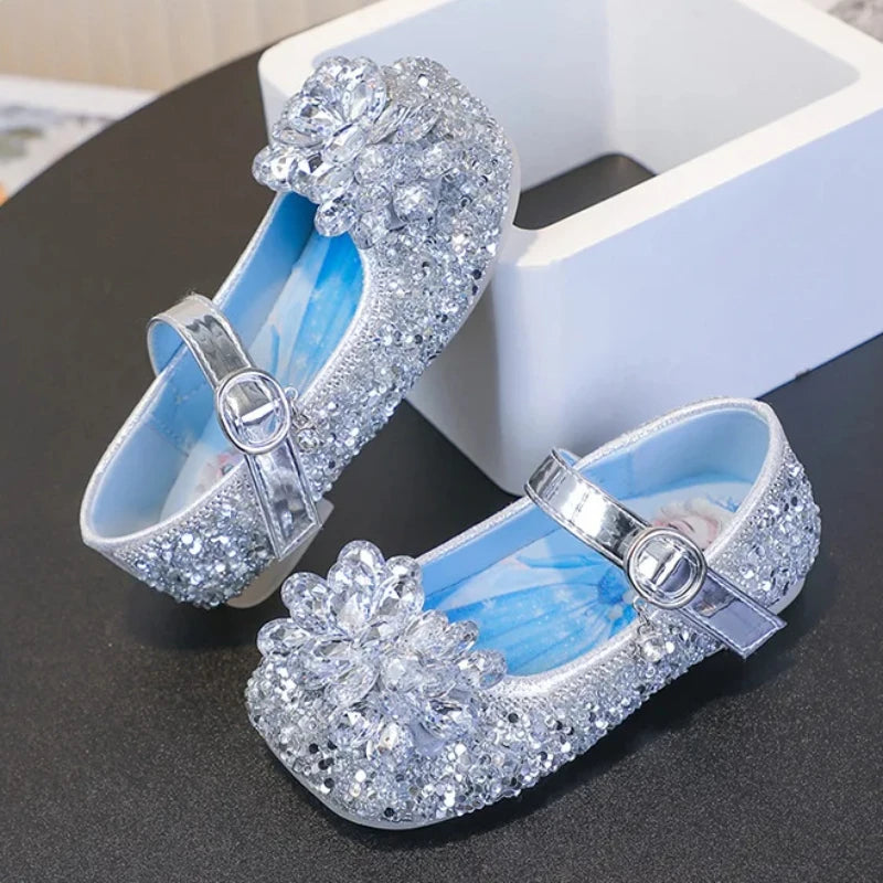 Chaussures décontractées pour enfants Elsa Princesse La Reine des Neiges en cuir PU à paillettes et cristaux, semelle souple antidérapante, violet et bleu, pointures 23 à 34