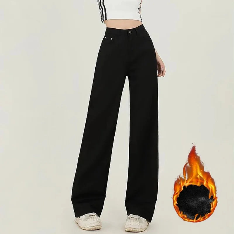 Jean droit thermique en polaire coréenne pour femme et fille, pantalon en Denim, chaud et décontracté, taille haute, jambes amples, pour tous les jours, hiver