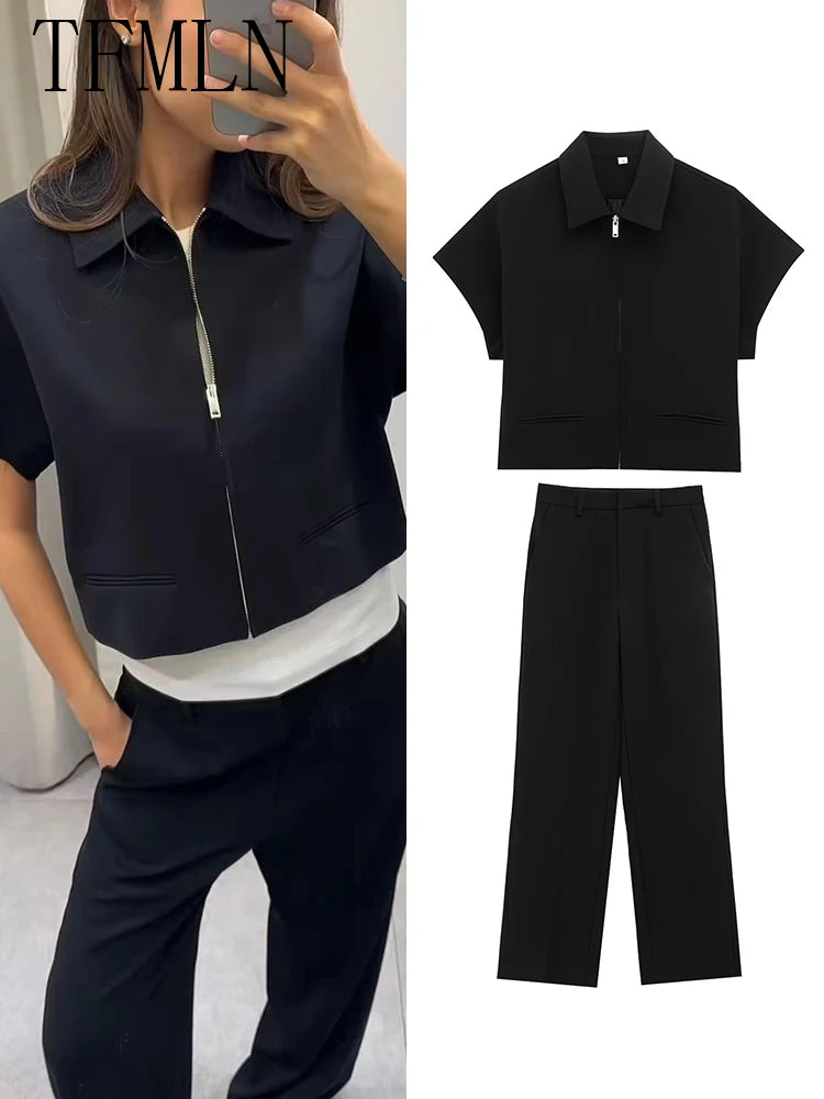 TFMLN – ensemble deux pièces pour femmes, mode, Slim, revers, fermeture éclair, manches courtes, manteau, haut, jambes larges, pantalon, loisirs, noir, été, 2025