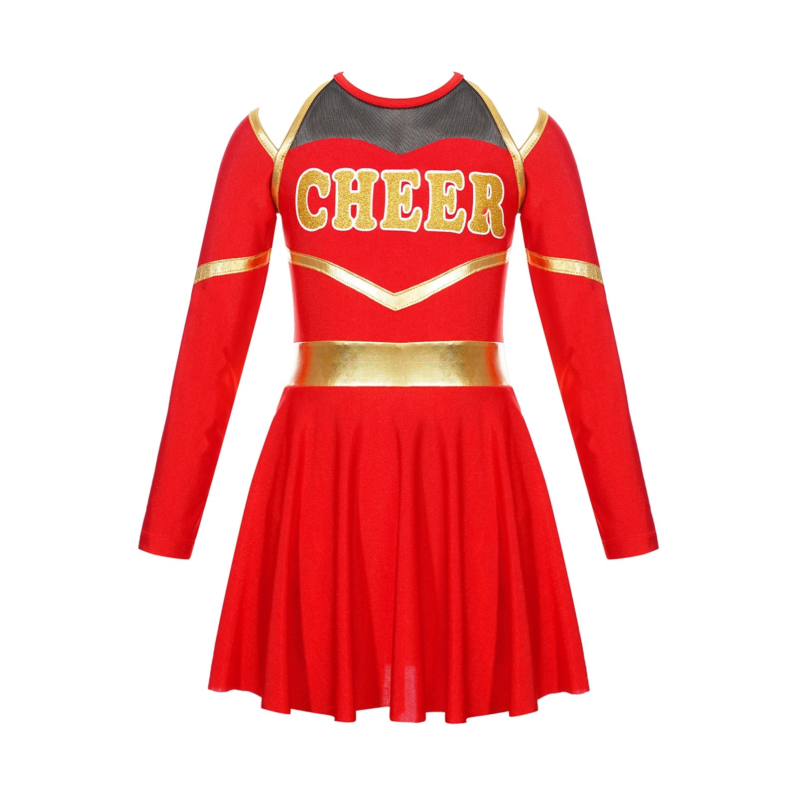 Costume de pom-pom girl pour filles, uniforme de pom-pom girl, tenue de danse scolaire, épaules dénudées, manches longues, robe de danse avec accessoires