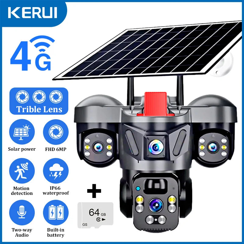 Caméra extérieure PTZ KERUI V380 Pro 6MP WIFI 4G avec panneau solaire, caméra de sécurité domestique à triple objectif, vidéosurveillance CCTV
