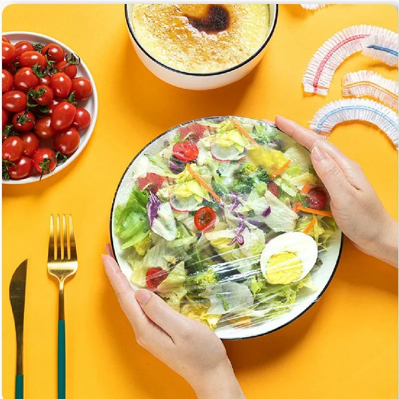 100 couvercles alimentaires élastiques, couvercles jetables en plastique pour bols de fruits et légumes, emballages fraîcheur