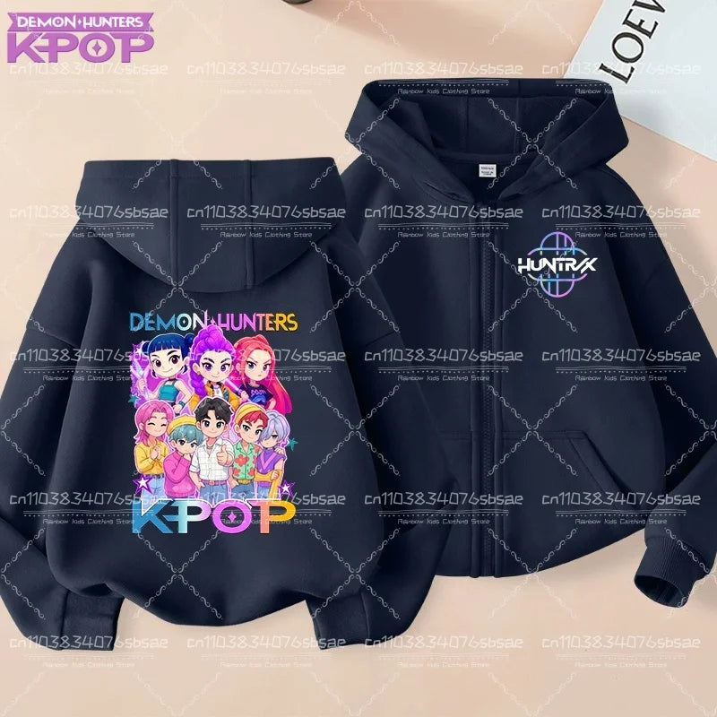 Pull à capuche K-pop Demon Hunters pour enfants, style anime, veste zippée tendance, garçon/fille, printemps/automne