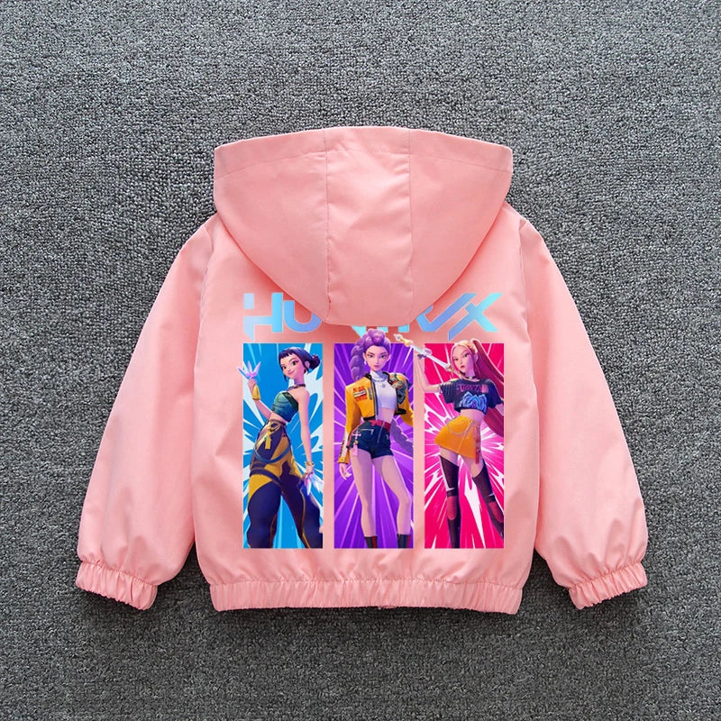 K-pop Demon Hunters 2026 Manteau coupe-vent printemps-automne pour enfants et adolescentes, imprimé dessin animé, veste à capuche imperméable
