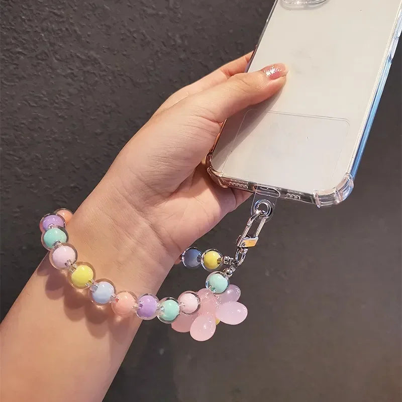 Lanière de téléphone Anti-perte pour clé, pendentif de poignet court, Macaron coloré, perle ronde, chaîne à main pour femmes, lanière de téléphone portable