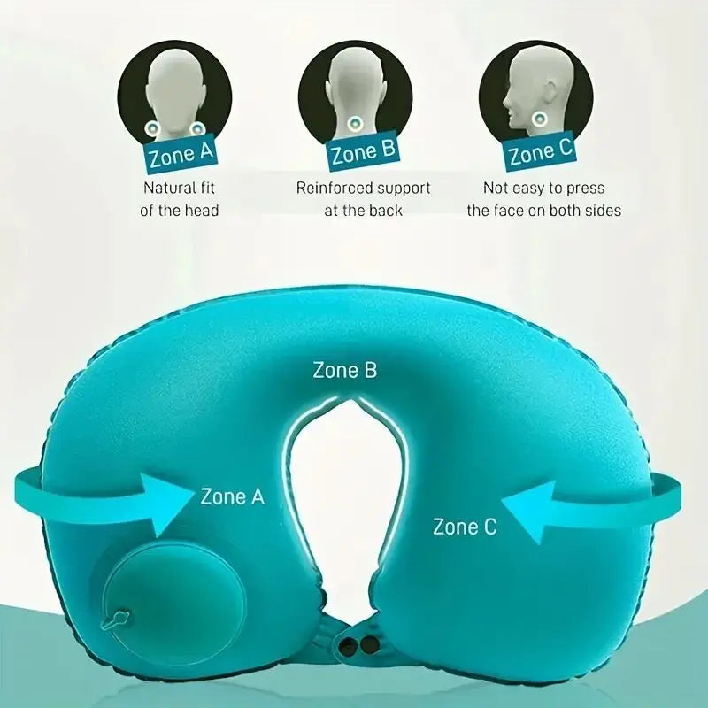 Oreiller gonflable à presser pour détendre la nuque. Oreiller de voyage en forme de U, pliable et portable, avec système anti-fuite. Oreiller en forme de U classique
