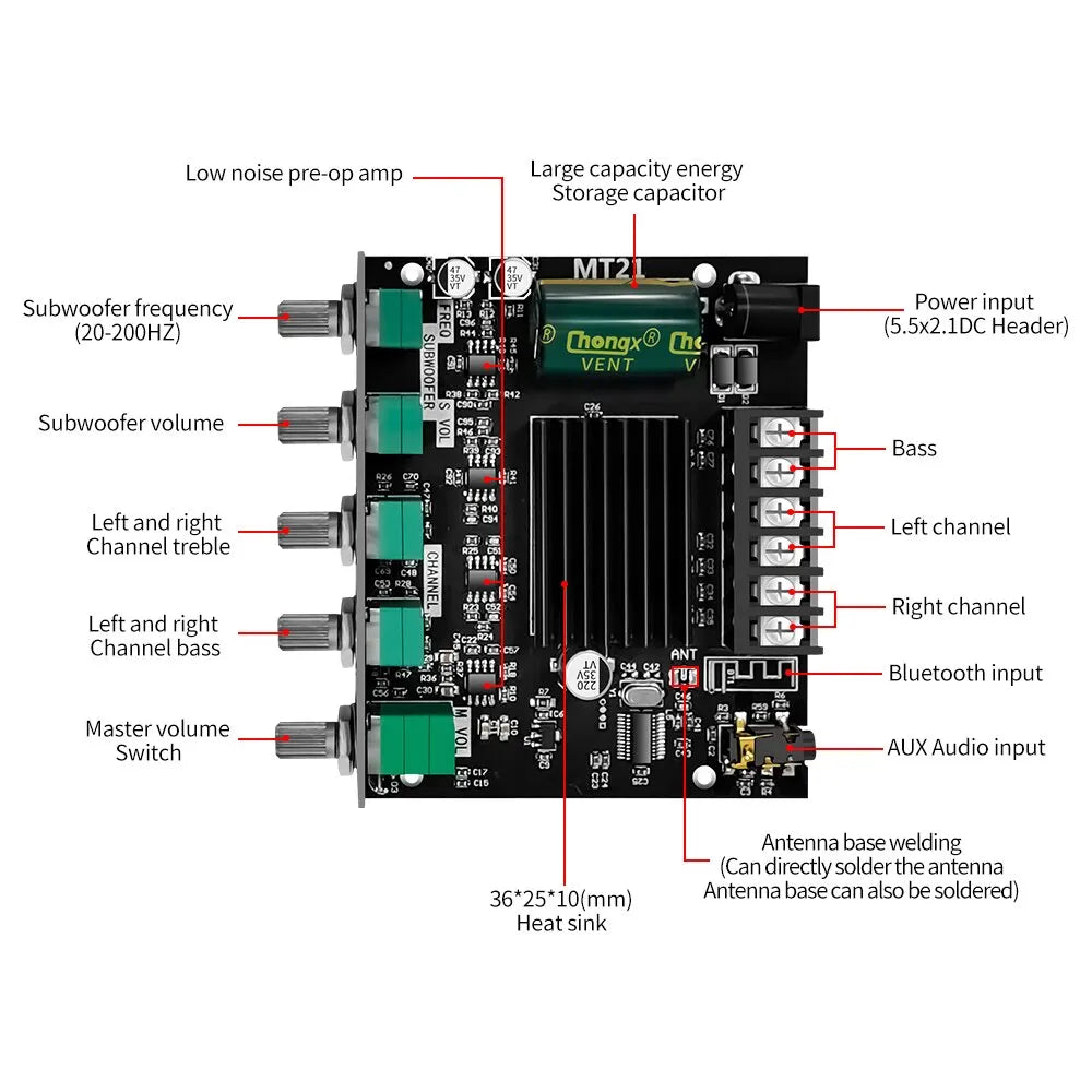 Carte d'amplificateur de subwoofer 2.1 CS8673E 50 W x 2 + 100 W avec Bluetooth 5.0 et entrée auxiliaire ZK-MT21