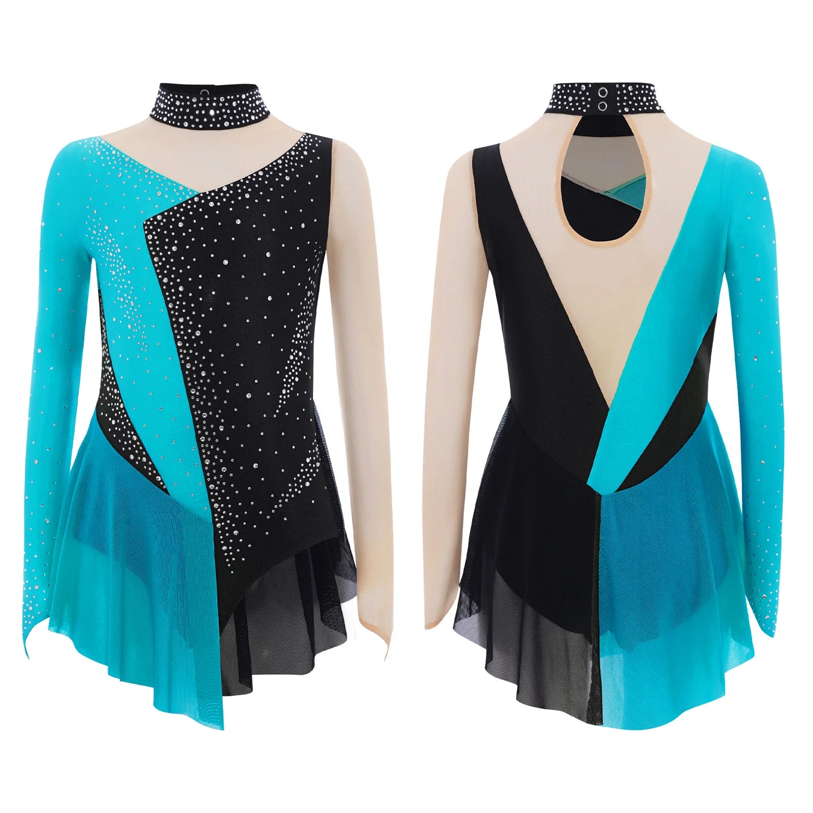 Robe de patinage artistique pour enfants filles, manches longues, strass, maille transparente, body de gymnastique, danse lyrique, Ballet, acrobatie, justaucorps