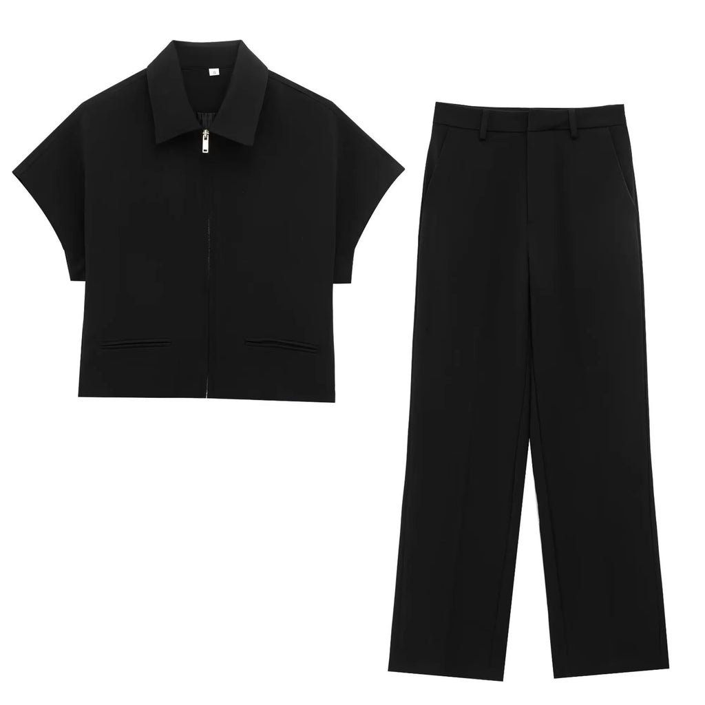 TFMLN – ensemble deux pièces pour femmes, mode, Slim, revers, fermeture éclair, manches courtes, manteau, haut, jambes larges, pantalon, loisirs, noir, été, 2025