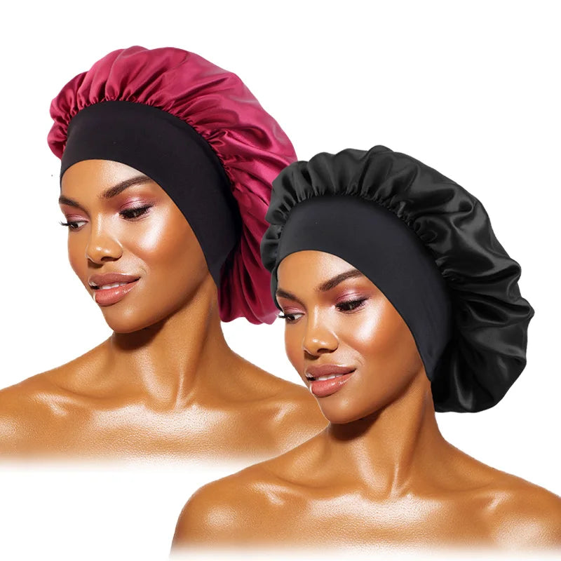 Bonnets solides en Satin pour femmes, Bonnet de bain à larges bords pour dormir la nuit, unisexe, bandeau élastique, Bonnet de soins capillaires