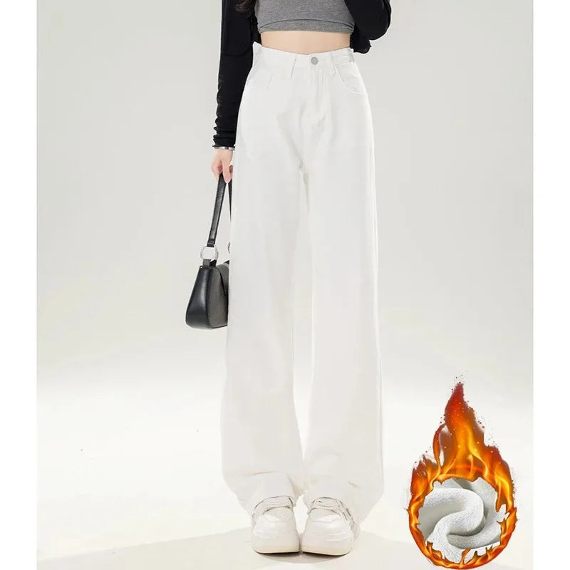 Jean droit thermique en polaire coréenne pour femme et fille, pantalon en Denim, chaud et décontracté, taille haute, jambes amples, pour tous les jours, hiver
