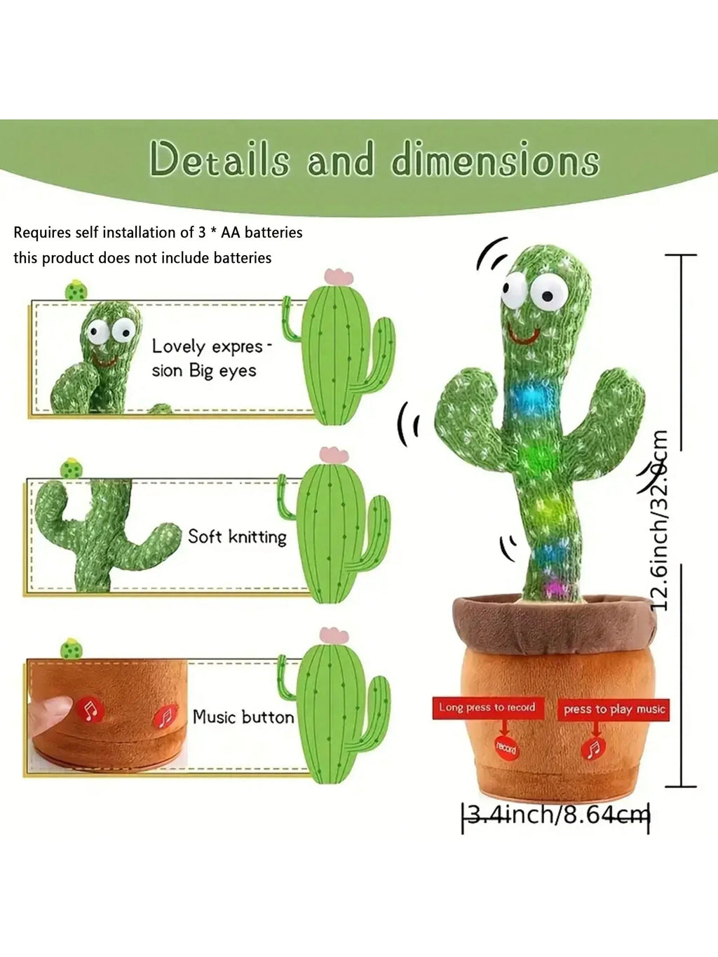 1 cactus parlant rechargeable, avec fonction d'enregistrement et de répétition. Changeur de voix disponible en espagnol, anglais et arabe