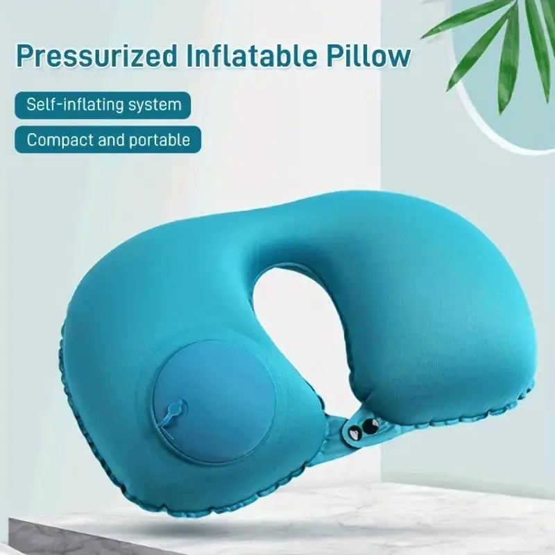 Oreiller gonflable à presser pour détendre la nuque. Oreiller de voyage en forme de U, pliable et portable, avec système anti-fuite. Oreiller en forme de U classique