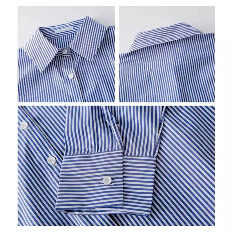 Classique Rayé Femme Printemps Automne Blouses Chemise Dame Longue Lanterne Manches Col Montant Lâche Haut Blouse