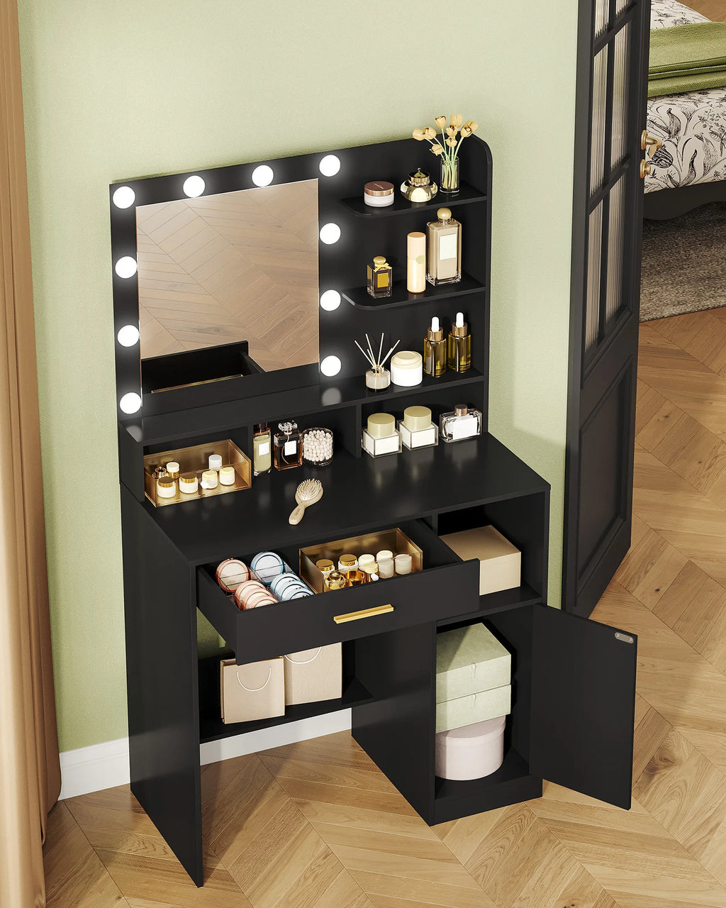 Coiffeuse Hzuaneri avec miroir et 10 lumières LED, meuble-lavabo avec 3 étagères et 4 compartiments ouverts, et grand tiroir