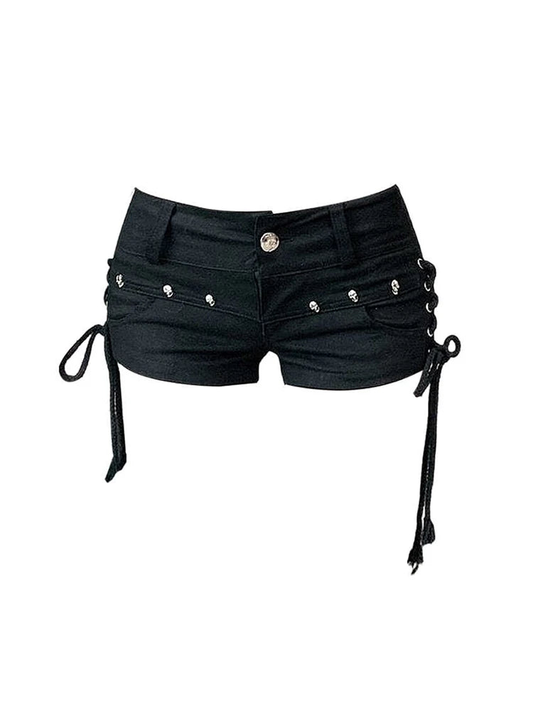 Short en Jean gothique noir pour femmes, Vintage, esthétique, coréen, taille basse, Harajuku Y2k, pantalons courts de Cowboy, vêtements d'été