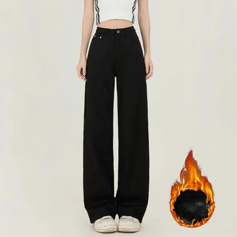 Jean droit thermique en polaire coréenne pour femme et fille, pantalon en Denim, chaud et décontracté, taille haute, jambes amples, pour tous les jours, hiver
